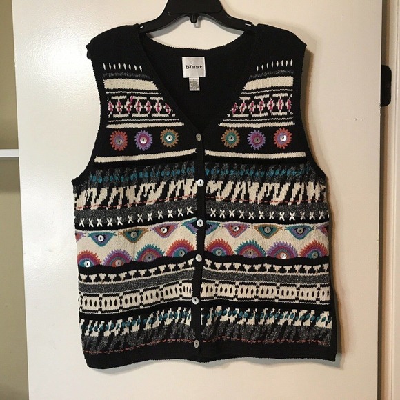 Blast Sweater Vest Knit Black Graphic Front Buttonup SzL NWOT - Picture 1 of 7